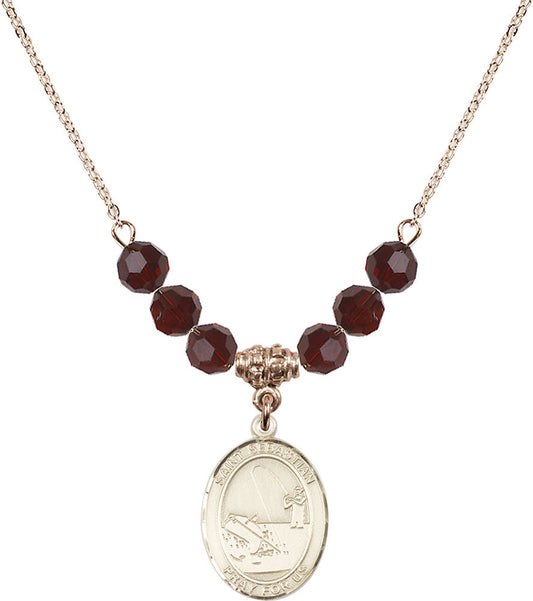 14kt Gold Filled Saint Sebastian / Fishing Birthstone Necklace with Garnet Beads - 8188