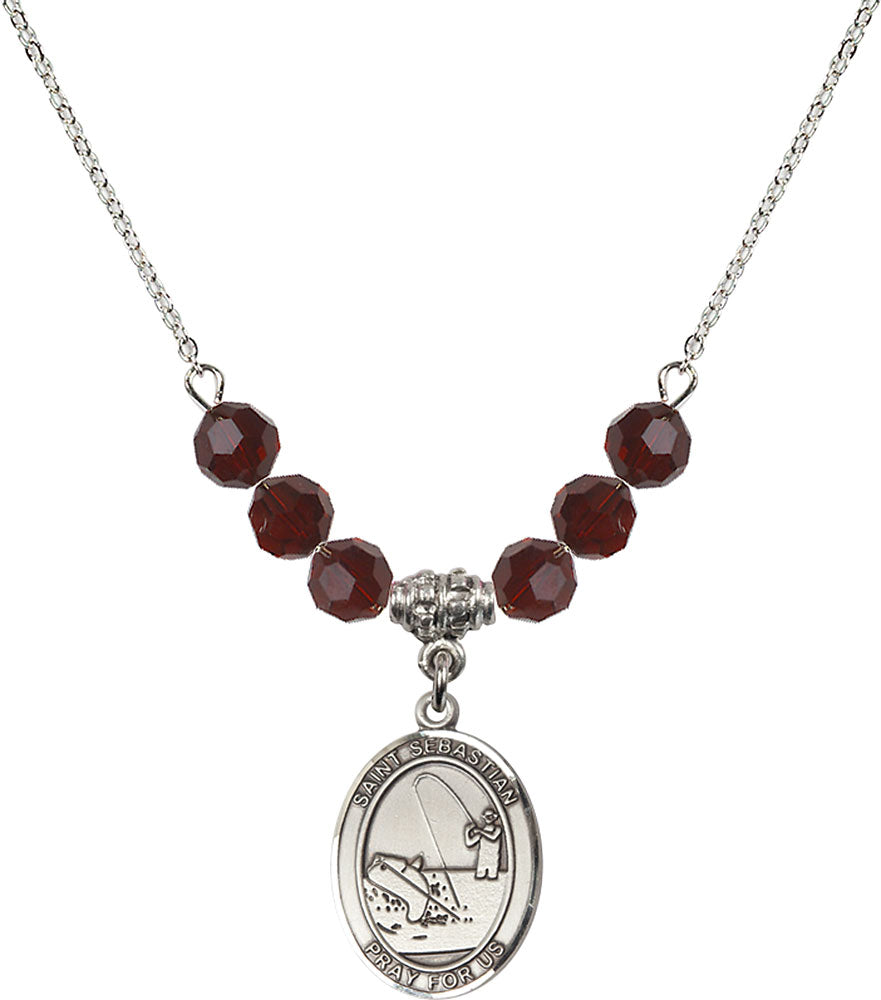 Sterling Silver Saint Sebastian / Fishing Birthstone Necklace with Garnet Beads - 8188