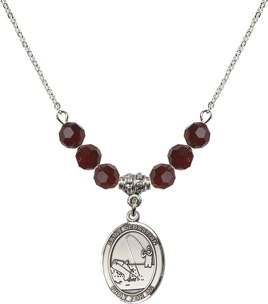 Sterling Silver Saint Sebastian / Fishing Birthstone Necklace with Garnet Beads - 8188