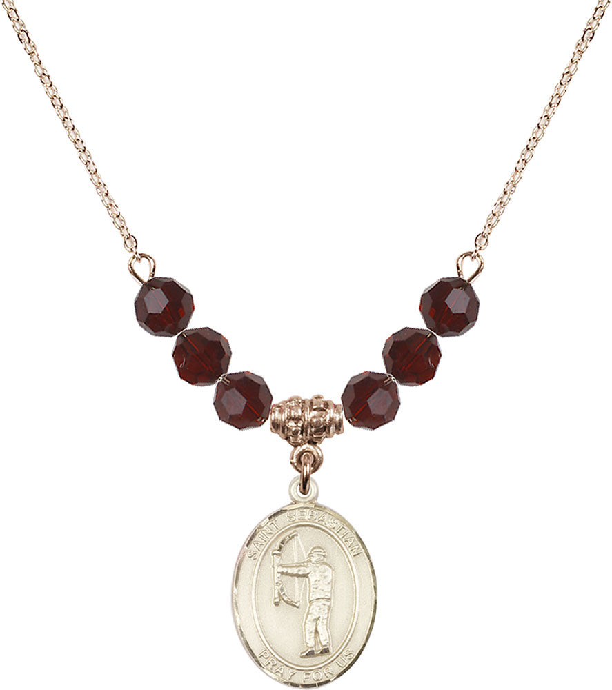14kt Gold Filled Saint Sebastian / Archery Birthstone Necklace with Garnet Beads - 8189