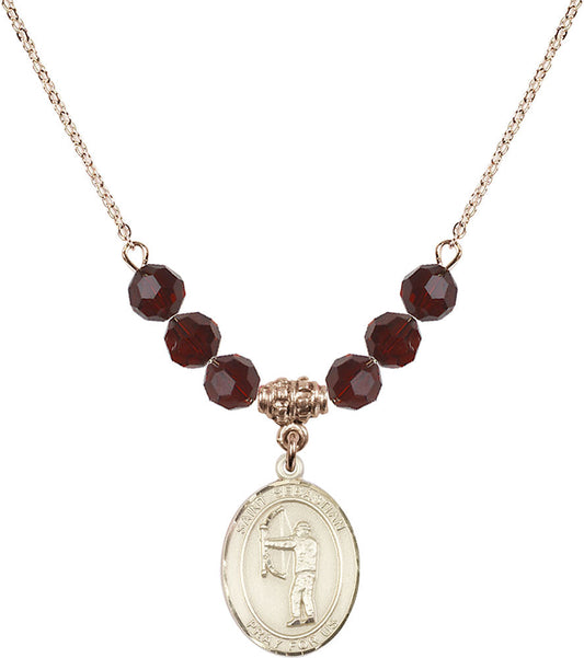 14kt Gold Filled Saint Sebastian / Archery Birthstone Necklace with Garnet Beads - 8189