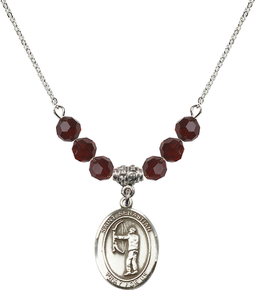 Sterling Silver Saint Sebastian / Archery Birthstone Necklace with Garnet Beads - 8189
