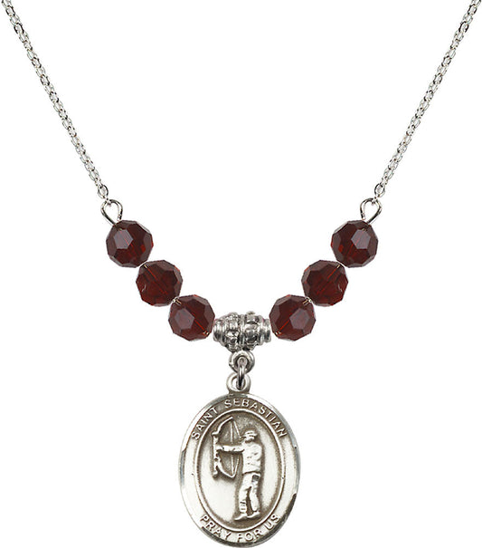 Sterling Silver Saint Sebastian / Archery Birthstone Necklace with Garnet Beads - 8189
