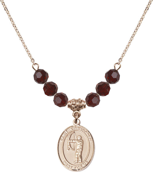 14kt Gold Filled Saint Christopher/Archery Birthstone Necklace with Garnet Beads - 8190