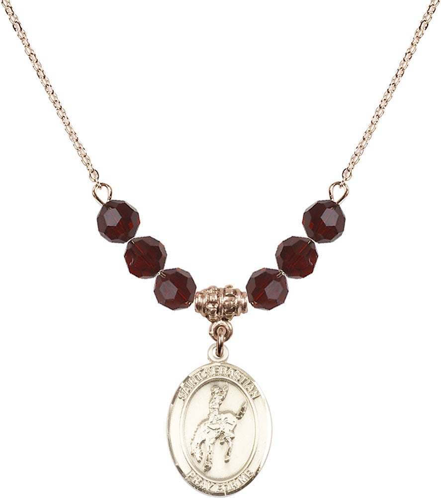 14kt Gold Filled Saint Sebastian / Rodeo Birthstone Necklace with Garnet Beads - 8191