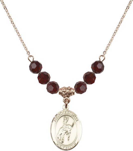 14kt Gold Filled Saint Sebastian / Rodeo Birthstone Necklace with Garnet Beads - 8191