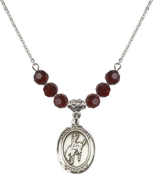 Sterling Silver Saint Sebastian / Rodeo Birthstone Necklace with Garnet Beads - 8191