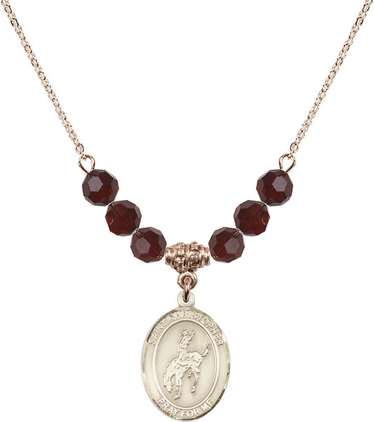 14kt Gold Filled Saint Christopher / Rodeo Birthstone Necklace with Garnet Beads - 8192