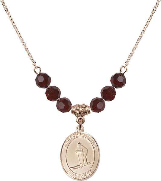 14kt Gold Filled Saint Christopher / Skiing Birthstone Necklace with Garnet Beads - 8193