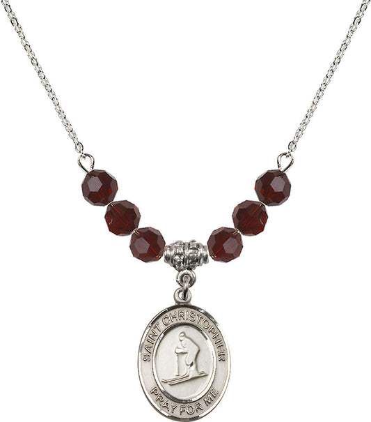 Sterling Silver Saint Christopher / Skiing Birthstone Necklace with Garnet Beads - 8193