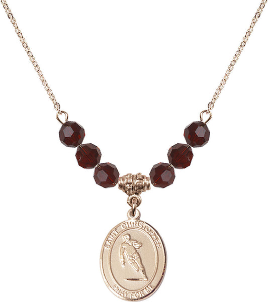 14kt Gold Filled Saint Christopher / Rugby Birthstone Necklace with Garnet Beads - 8194