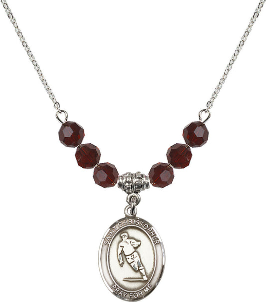 Sterling Silver Saint Christopher / Rugby Birthstone Necklace with Garnet Beads - 8194