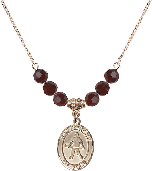 14kt Gold Filled Saint Christopher / Field Hockey Birthstone Necklace with Garnet Beads - 8195
