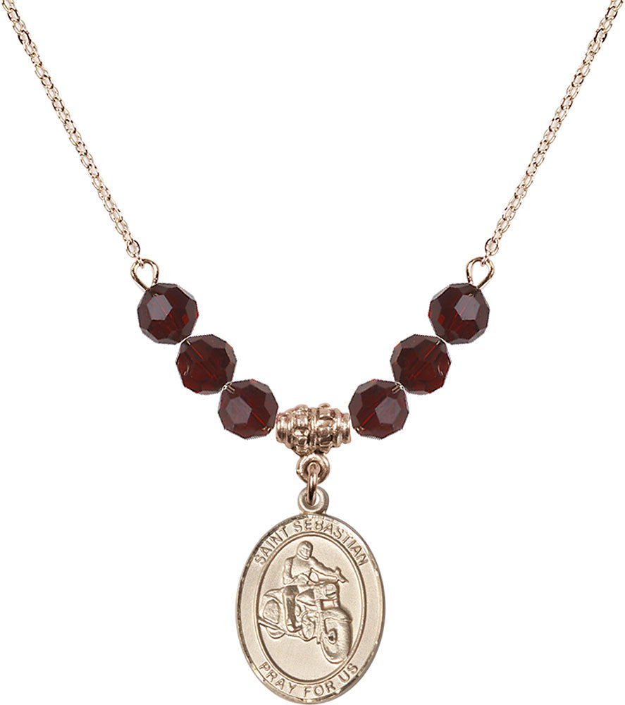 14kt Gold Filled Saint Sebastian / Motorcycle Birthstone Necklace with Garnet Beads - 8197
