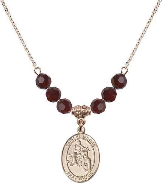 14kt Gold Filled Saint Sebastian / Motorcycle Birthstone Necklace with Garnet Beads - 8197