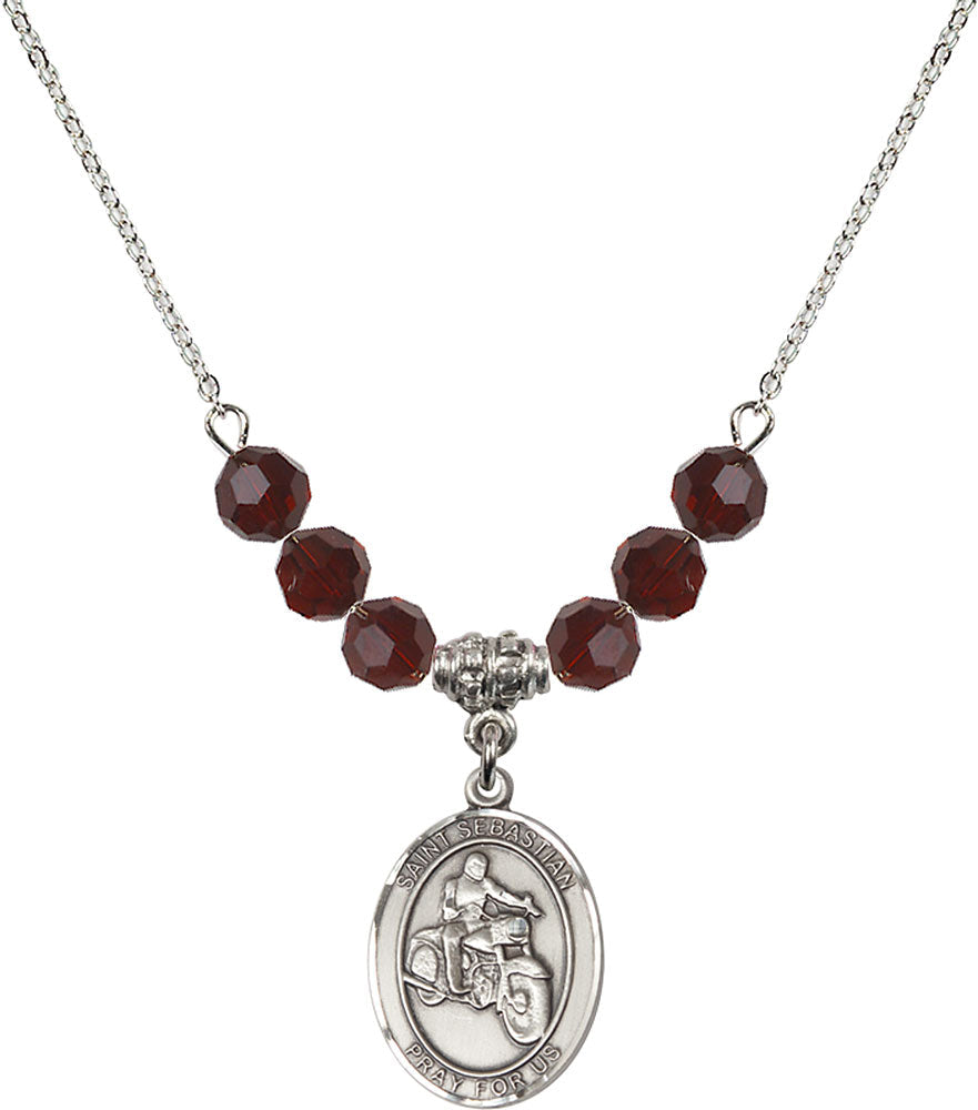 Sterling Silver Saint Sebastian / Motorcycle Birthstone Necklace with Garnet Beads - 8197