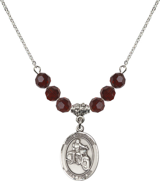 Sterling Silver Saint Sebastian / Motorcycle Birthstone Necklace with Garnet Beads - 8197