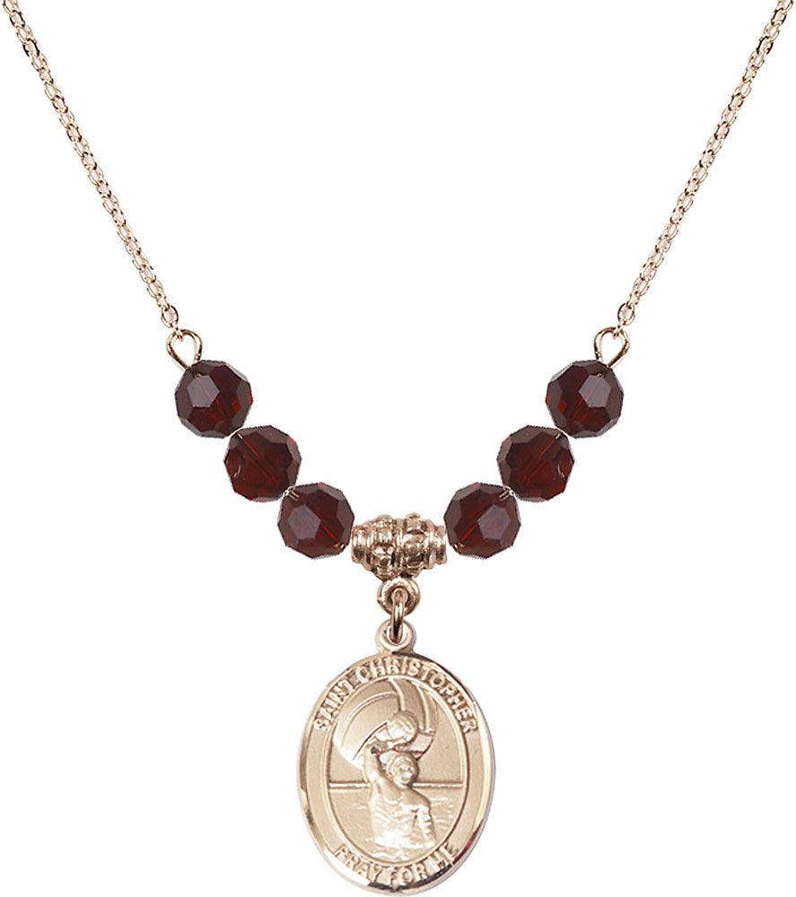 14kt Gold Filled Saint Christopher/Water Polo-Men Birthstone Necklace with Garnet Beads - 8198