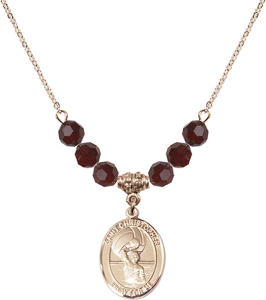 14kt Gold Filled Saint Christopher/Water Polo-Men Birthstone Necklace with Garnet Beads - 8198