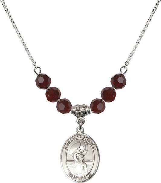 Sterling Silver Saint Christopher/Water Polo-Men Birthstone Necklace with Garnet Beads - 8198