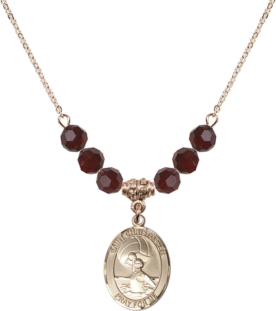 14kt Gold Filled Saint Christopher/Water Polo-Women Birthstone Necklace with Garnet Beads - 8199