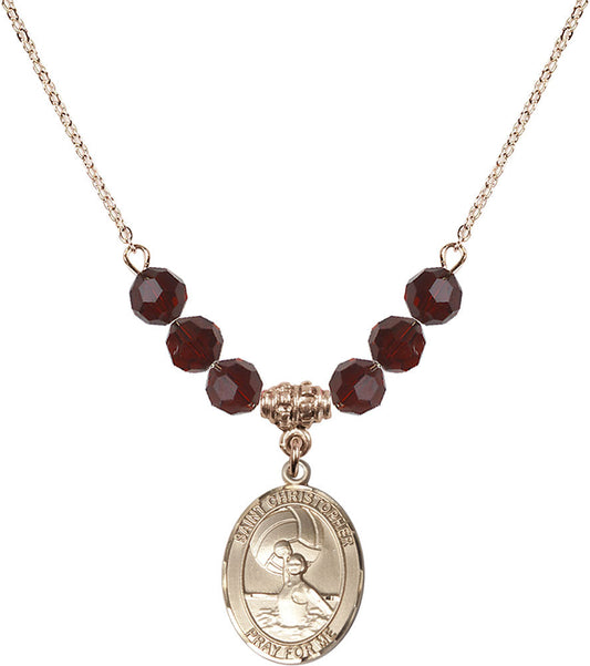 14kt Gold Filled Saint Christopher/Water Polo-Women Birthstone Necklace with Garnet Beads - 8199