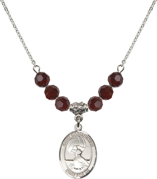 Sterling Silver Saint Christopher/Water Polo-Women Birthstone Necklace with Garnet Beads - 8199