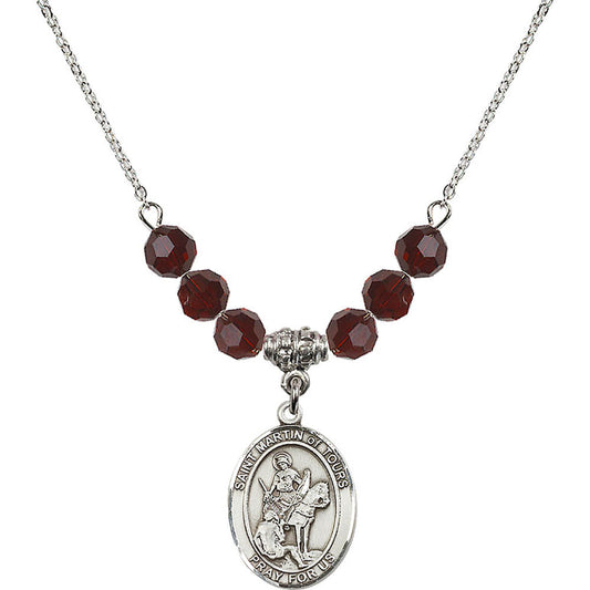 Sterling Silver Saint Martin of Tours Birthstone Necklace with Garnet Beads - 8200