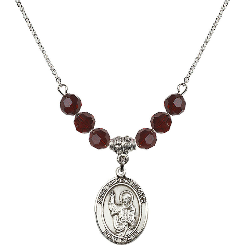 Sterling Silver Saint Vincent Ferrer Birthstone Necklace with Garnet Beads - 8201