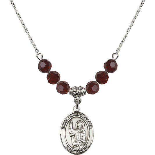 Sterling Silver Saint Vincent Ferrer Birthstone Necklace with Garnet Beads - 8201