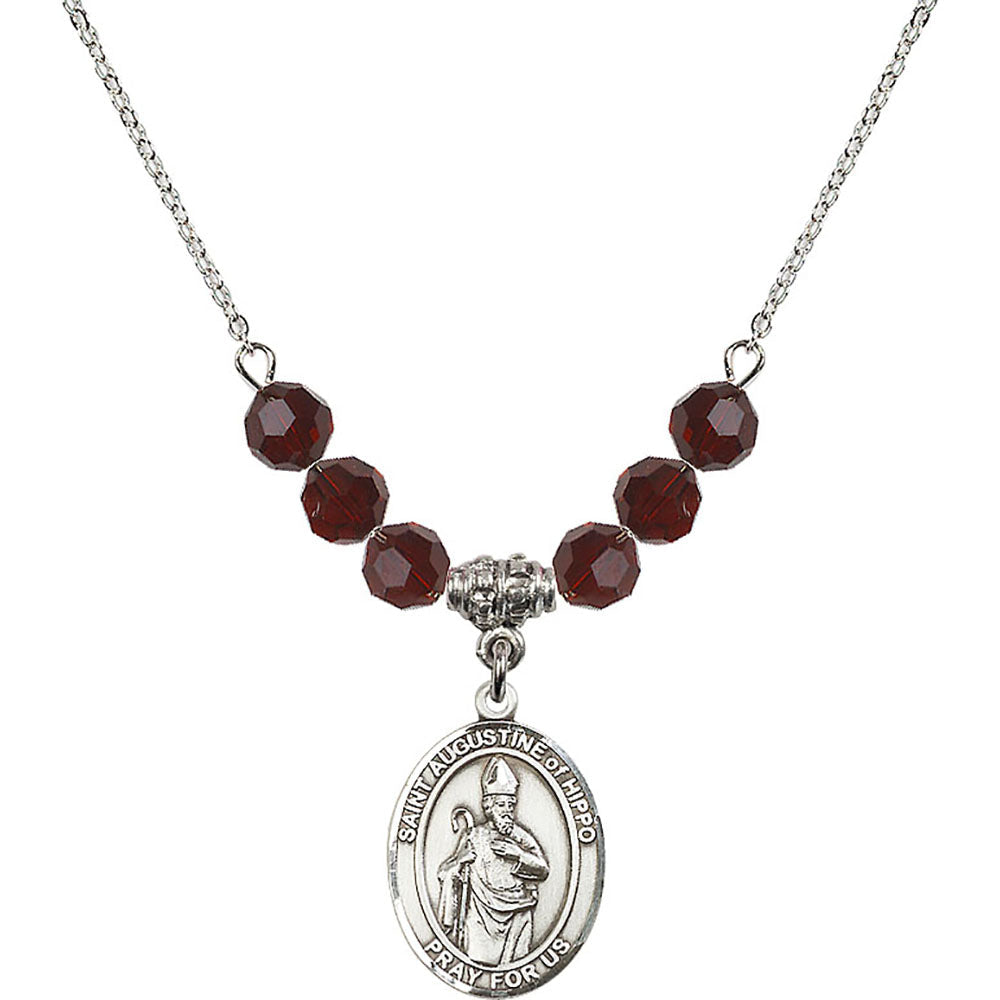 Sterling Silver Saint Augustine of Hippo Birthstone Necklace with Garnet Beads - 8202