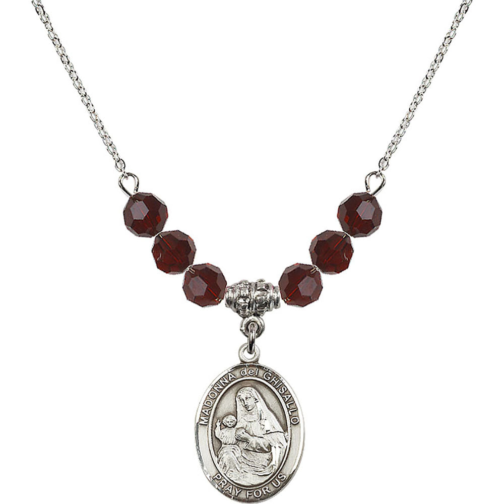 Sterling Silver Madonna del Ghisallo Birthstone Necklace with Garnet Beads - 8203