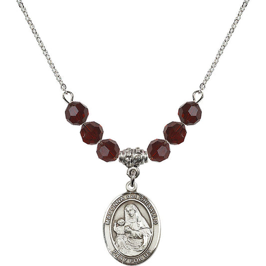 Sterling Silver Madonna del Ghisallo Birthstone Necklace with Garnet Beads - 8203