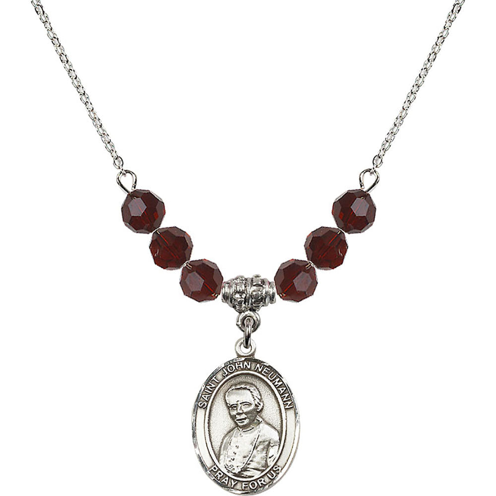 Sterling Silver Saint John Neumann Birthstone Necklace with Garnet Beads - 8204