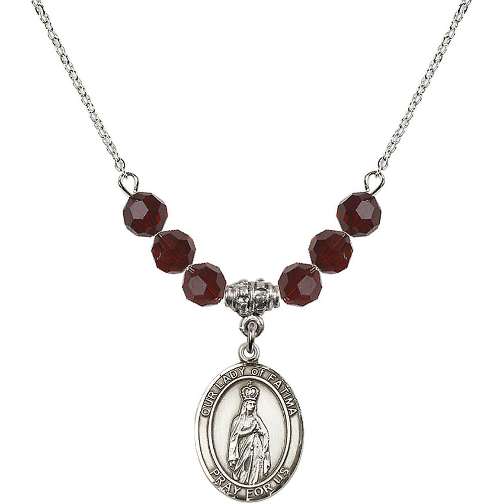 Sterling Silver Our Lady of Fatima Birthstone Necklace with Garnet Beads - 8205