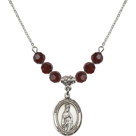 Sterling Silver Our Lady of Fatima Birthstone Necklace with Garnet Beads - 8205