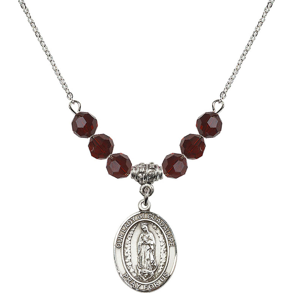 Sterling Silver Our Lady of Guadalupe Birthstone Necklace with Garnet Beads - 8206