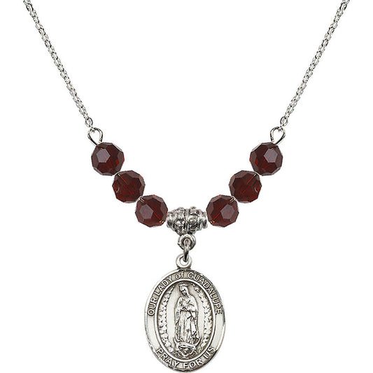 Sterling Silver Our Lady of Guadalupe Birthstone Necklace with Garnet Beads - 8206