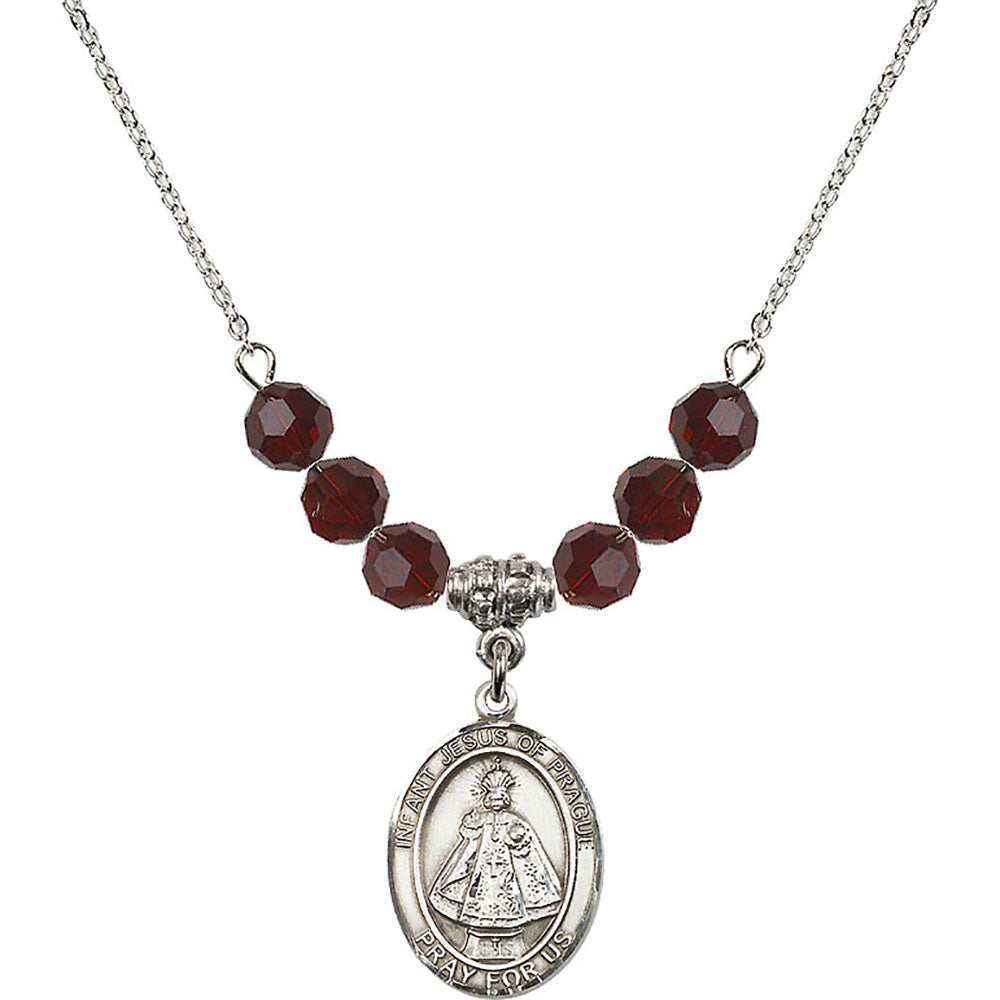 Sterling Silver Infant of Prague Birthstone Necklace with Garnet Beads - 8207