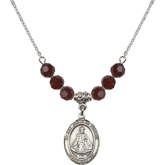 Sterling Silver Infant of Prague Birthstone Necklace with Garnet Beads - 8207