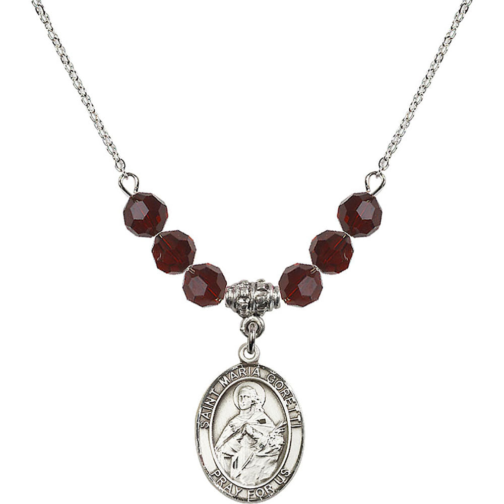 Sterling Silver Saint Maria Goretti Birthstone Necklace with Garnet Beads - 8208