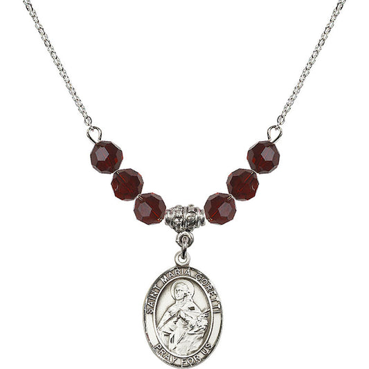 Sterling Silver Saint Maria Goretti Birthstone Necklace with Garnet Beads - 8208