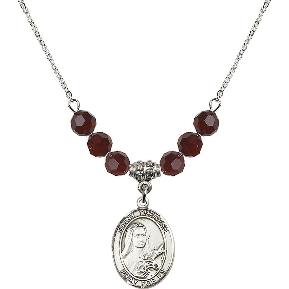 Sterling Silver Saint Therese of Lisieux Birthstone Necklace with Garnet Beads - 8210