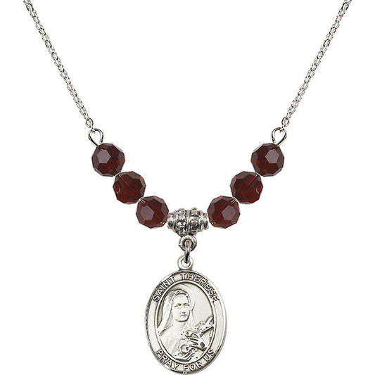 Sterling Silver Saint Therese of Lisieux Birthstone Necklace with Garnet Beads - 8210