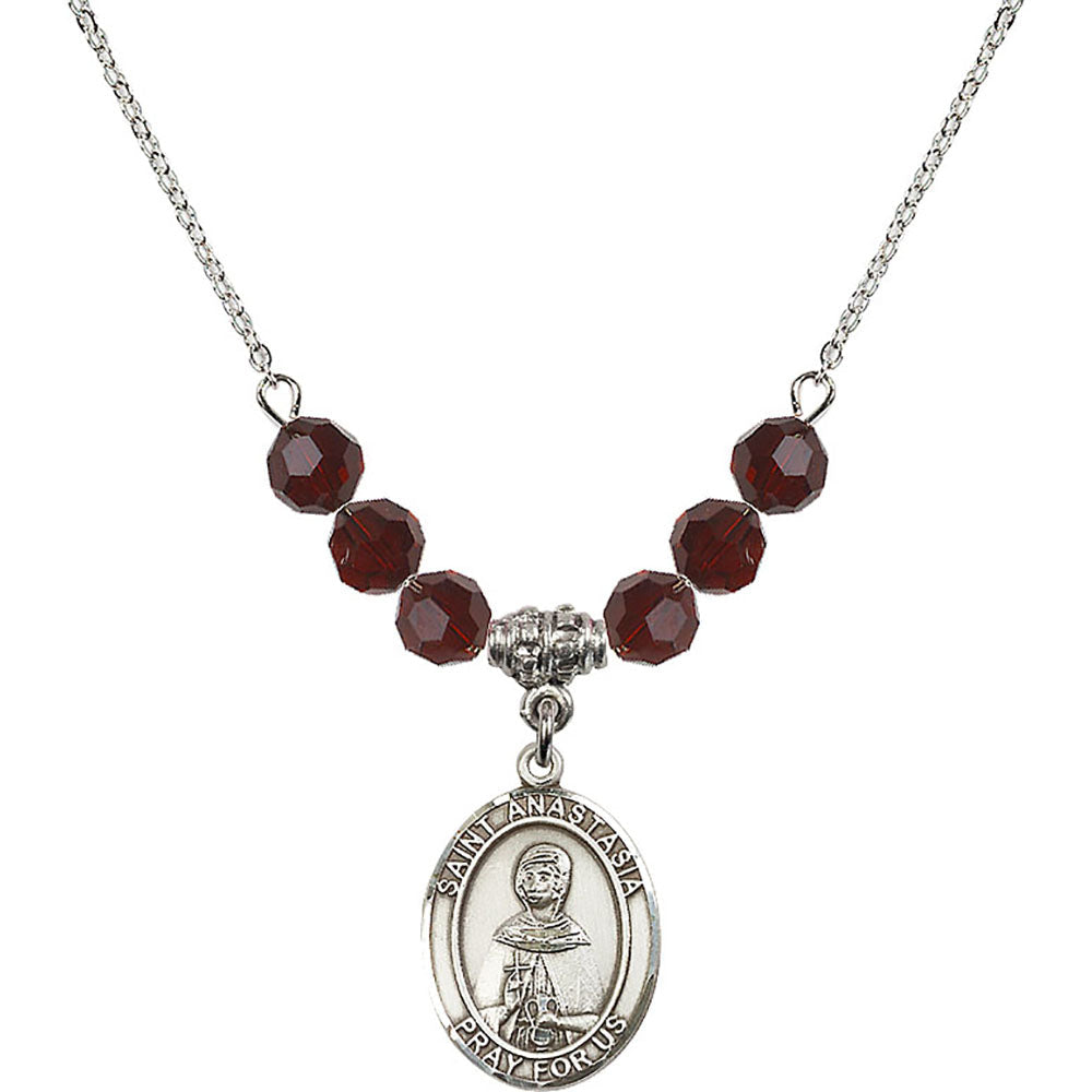 Sterling Silver Saint Anastasia Birthstone Necklace with Garnet Beads - 8213
