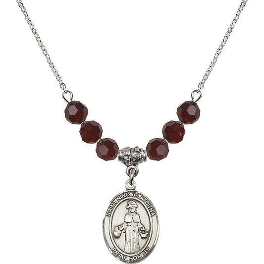 Sterling Silver Saint Nino de Atocha Birthstone Necklace with Garnet Beads - 8214