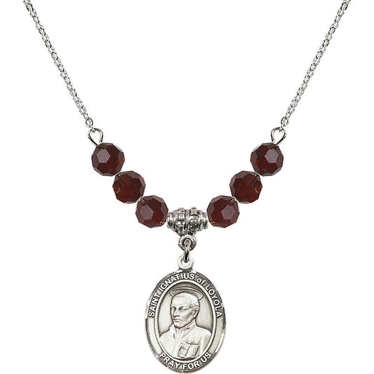 Sterling Silver Saint Ignatius of Loyola Birthstone Necklace with Garnet Beads - 8217