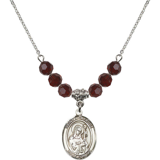 Sterling Silver Saint Gertrude of Nivelles Birthstone Necklace with Garnet Beads - 8219