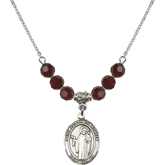Sterling Silver Saint Joseph the Worker Birthstone Necklace with Garnet Beads - 8220