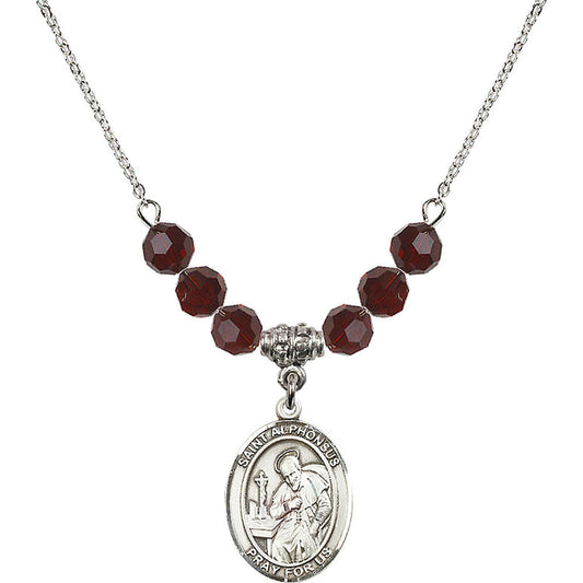Sterling Silver Saint Alphonsus Birthstone Necklace with Garnet Beads - 8221